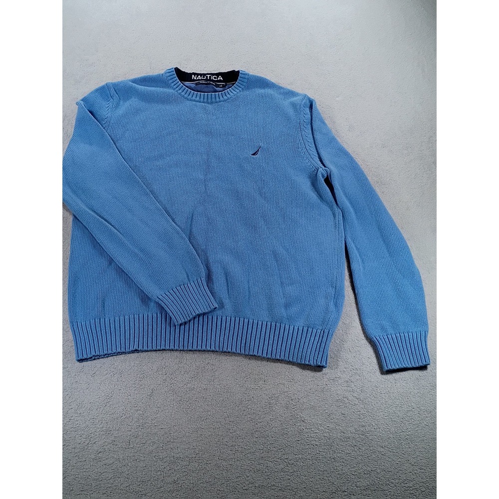 Nautica Mens Crewneck Sweater Blue Medium Cotton Knit Logo